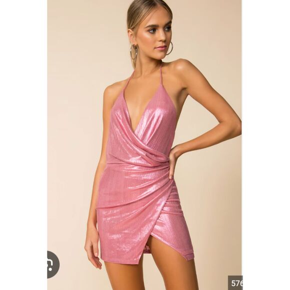 Superdown Missie Wrap Front Dress Hot Pink Sparkly Shiny Dress Size Small - Picture 1 of 7